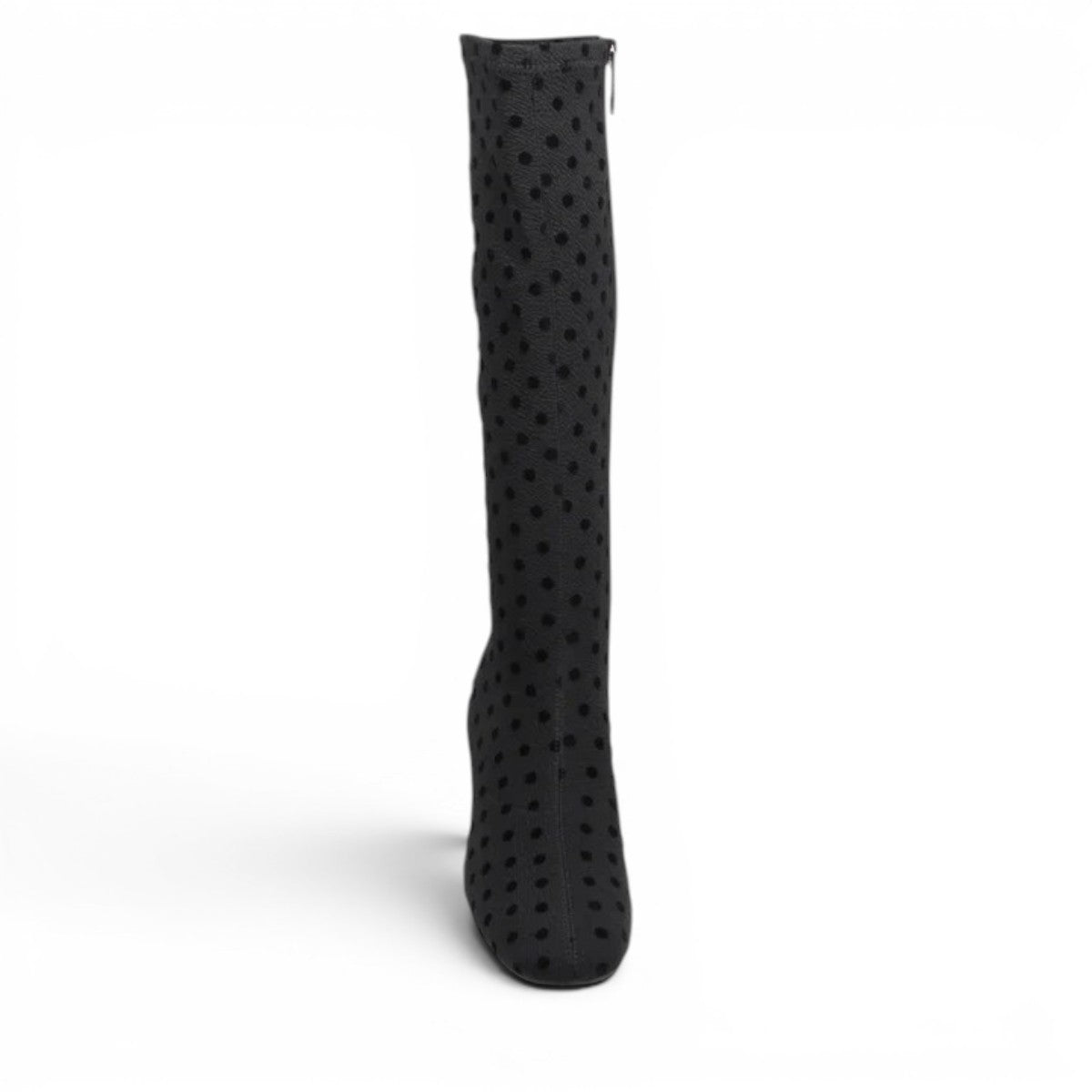 DJANGO & JULIETTE Hayleys black tall boot with polka dot pattern, square toe, and low block heel.
photo of the front side