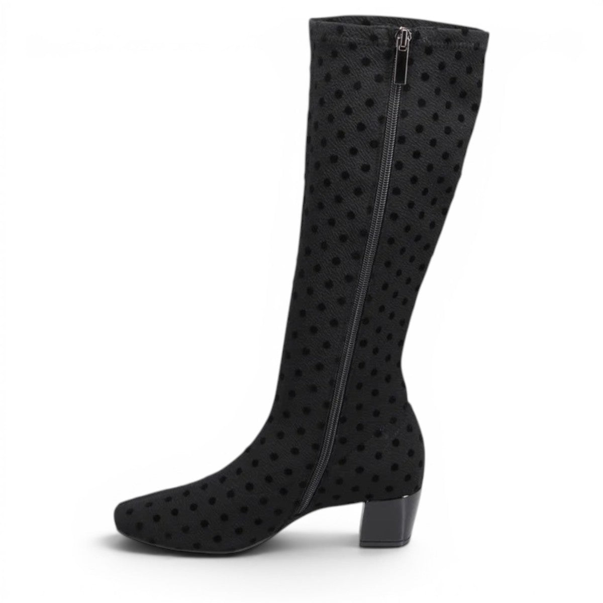 DJANGO & JULIETTE Hayleys black tall boot with polka dot pattern, square toe, and low block heel.
photo of the left side