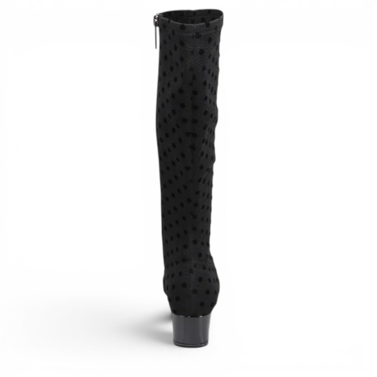 DJANGO & JULIETTE Hayleys black tall boot with polka dot pattern, square toe, and low block heel.
photo of the back side