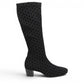 DJANGO & JULIETTE Hayleys black tall boot with polka dot pattern, square toe, and low block heel.
photo of the right side