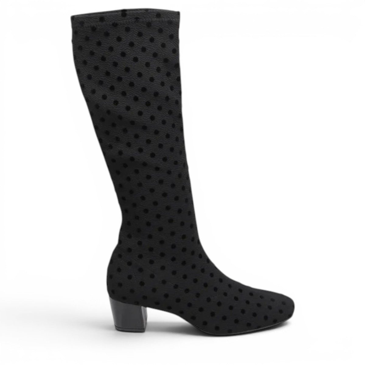 DJANGO & JULIETTE Hayleys black tall boot with polka dot pattern, square toe, and low block heel.
photo of the right side