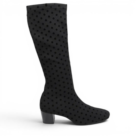 DJANGO & JULIETTE Hayleys black tall boot with polka dot pattern, square toe, and low block heel.
photo of the right side