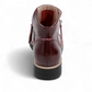 Sina Footwear DJANGO & JULIETTE wine patent leather sneaker-style ankle bootie with twin-zip and black rubber sole. Photo of back view.