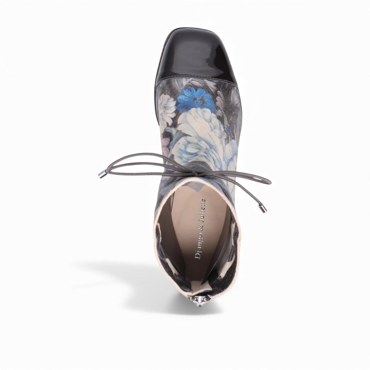 Django & Juliette Valina floral patent leather ankle boots with a square toe and block heel. top view.