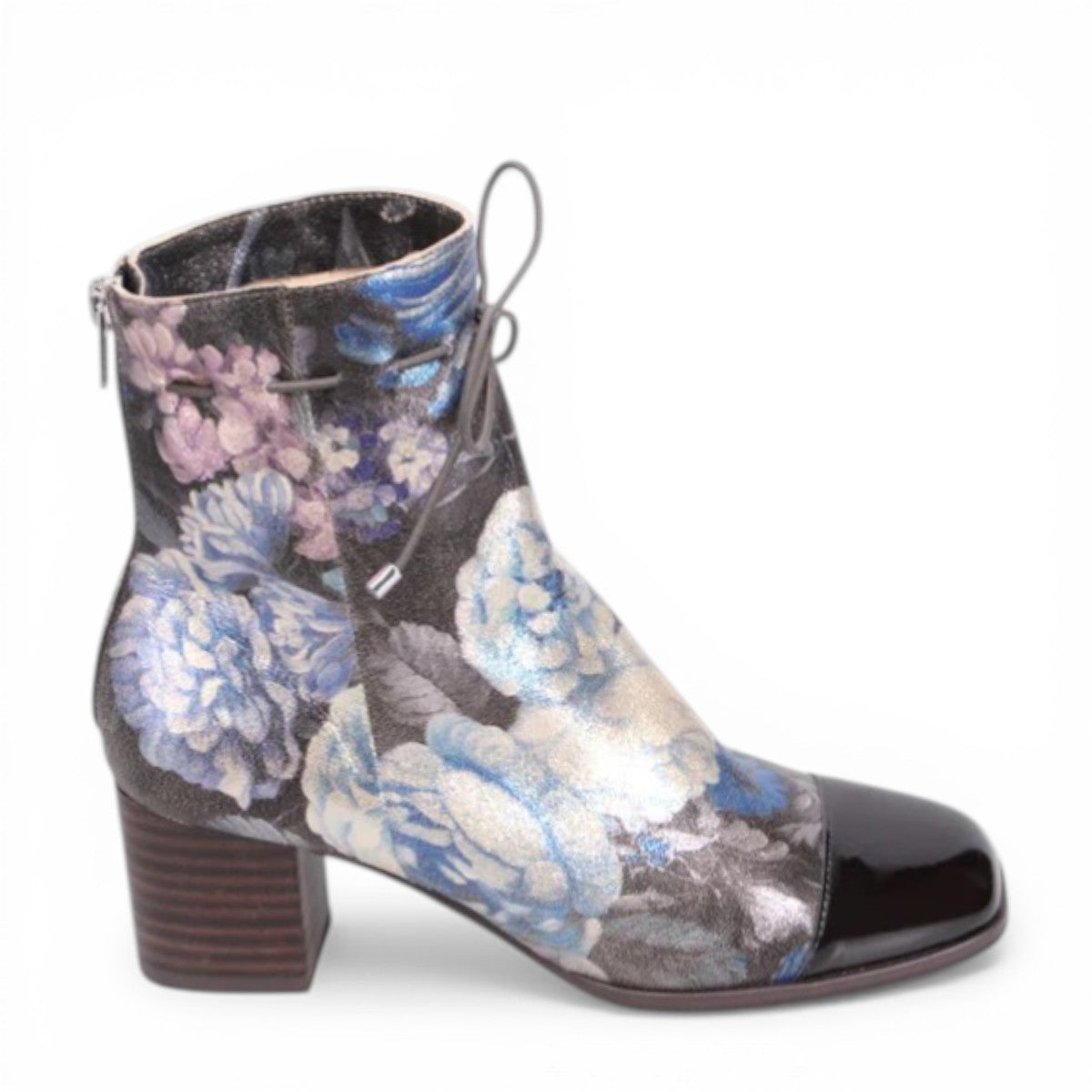 Django & Juliette Valina floral patent leather ankle boots with a square toe and block heel. right view.
