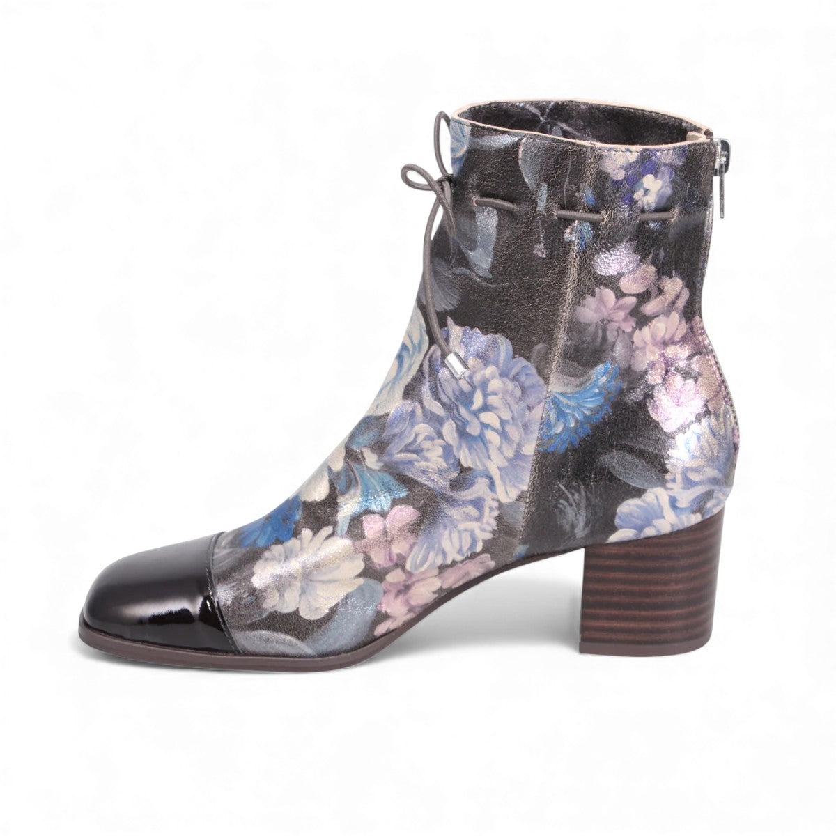 Django & Juliette Valina floral patent leather ankle boots with a square toe and block heel. left view.
