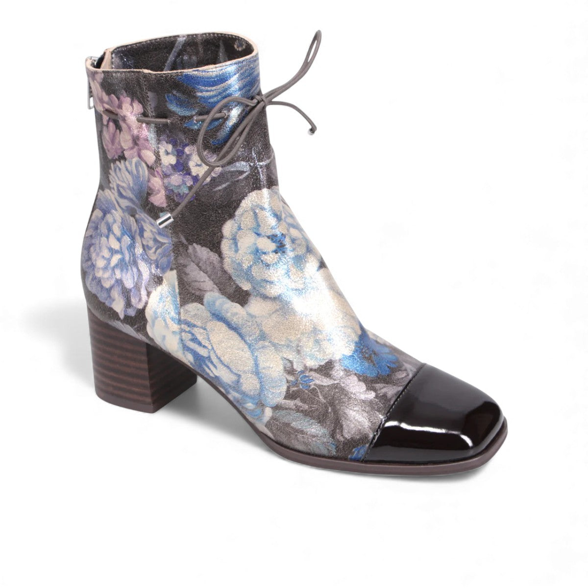 Django & Juliette Valina floral patent leather ankle boots with a square toe and block heel. front view.