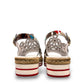 DJANGO & JULIETTE Aldo platform sandal with floral cut-outs, collage print patent leather, and espadrille. back view.