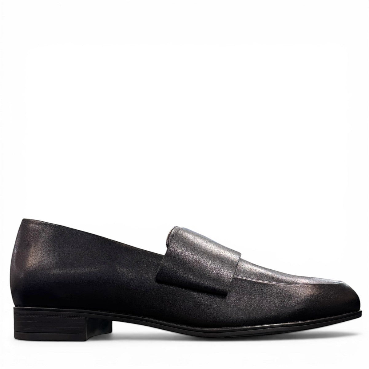 Django & Juliette Gabrian black leather loafers with a low block heel and slip-on design. right view.