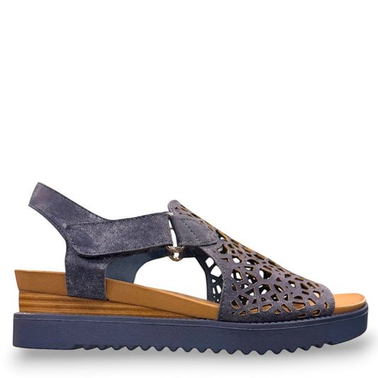 Django & Juliette blue denim leather flatform sandals with intricate laser-cut patterns and sporty sole. right  view.