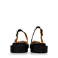 DJANGO & JULIETTE Eshano black patent leather slingback flat with triple buckle detail and low heel.  
front view.