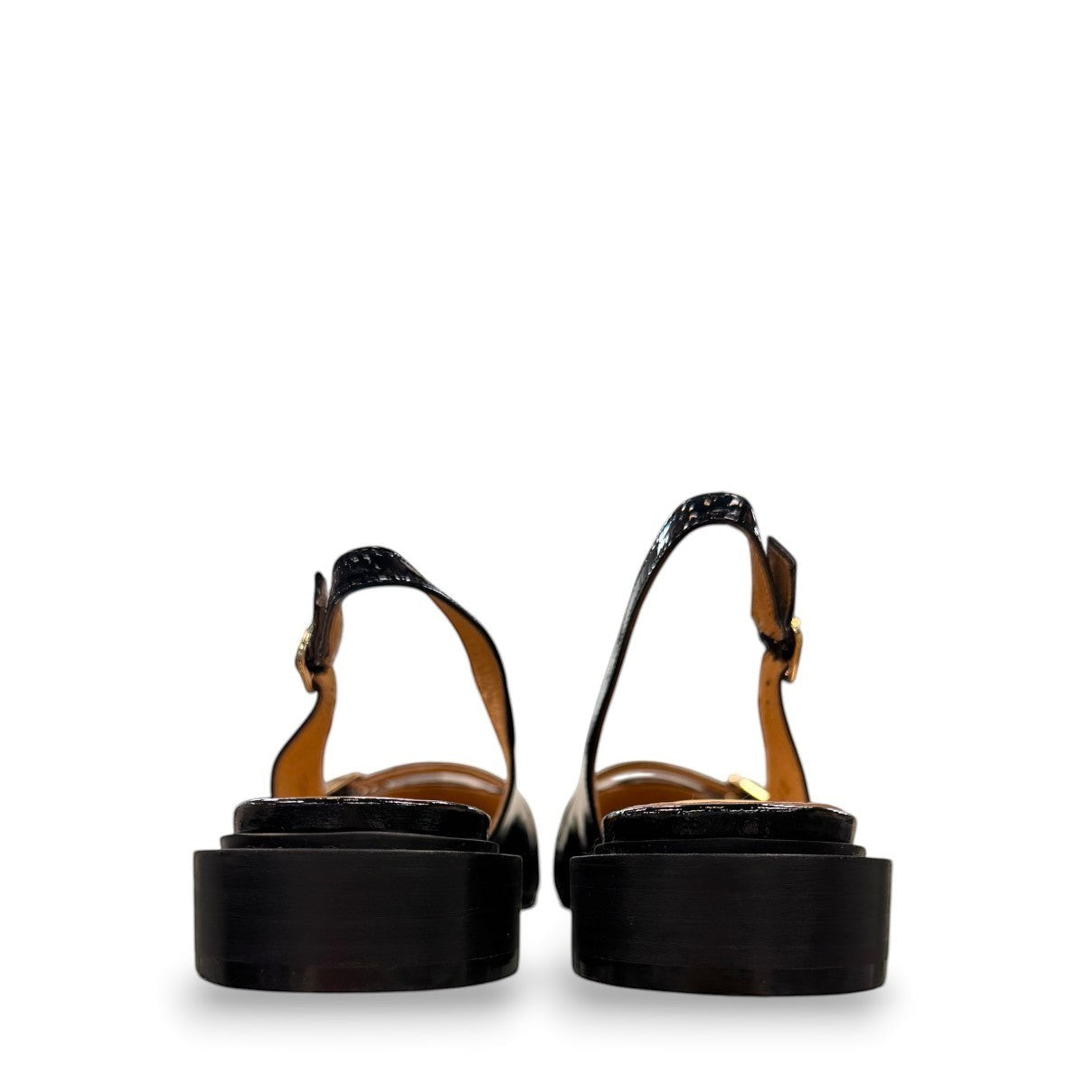 DJANGO & JULIETTE Eshano black patent leather slingback flat with triple buckle detail and low heel.  
front view.