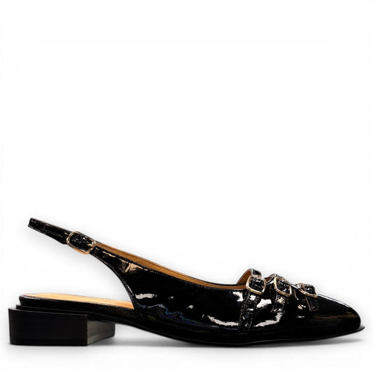 DJANGO & JULIETTE Eshano black patent leather slingback flat with triple buckle detail and low heel. right view.
