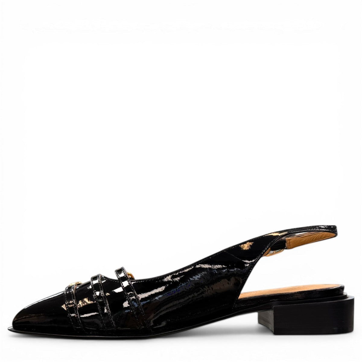 DJANGO & JULIETTE Eshano black patent leather slingback flat with triple buckle detail and low heel. 
left view.