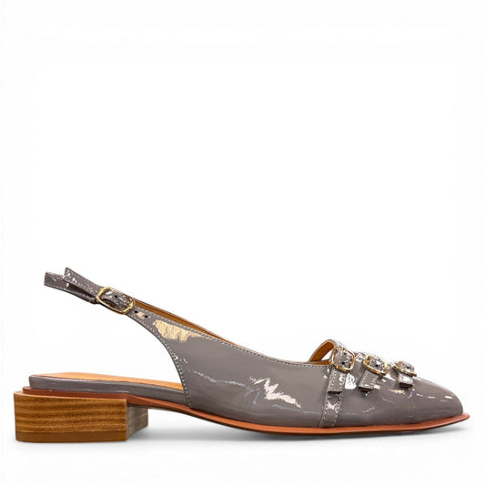 DJANGO & JULIETTE Eshano denim blue patent leather slingback flat with triple buckle detail and low heel. right view.