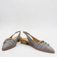 DJANGO & JULIETTE Eshano denim blue patent leather slingback flat with triple buckle detail and low heel. front view.
