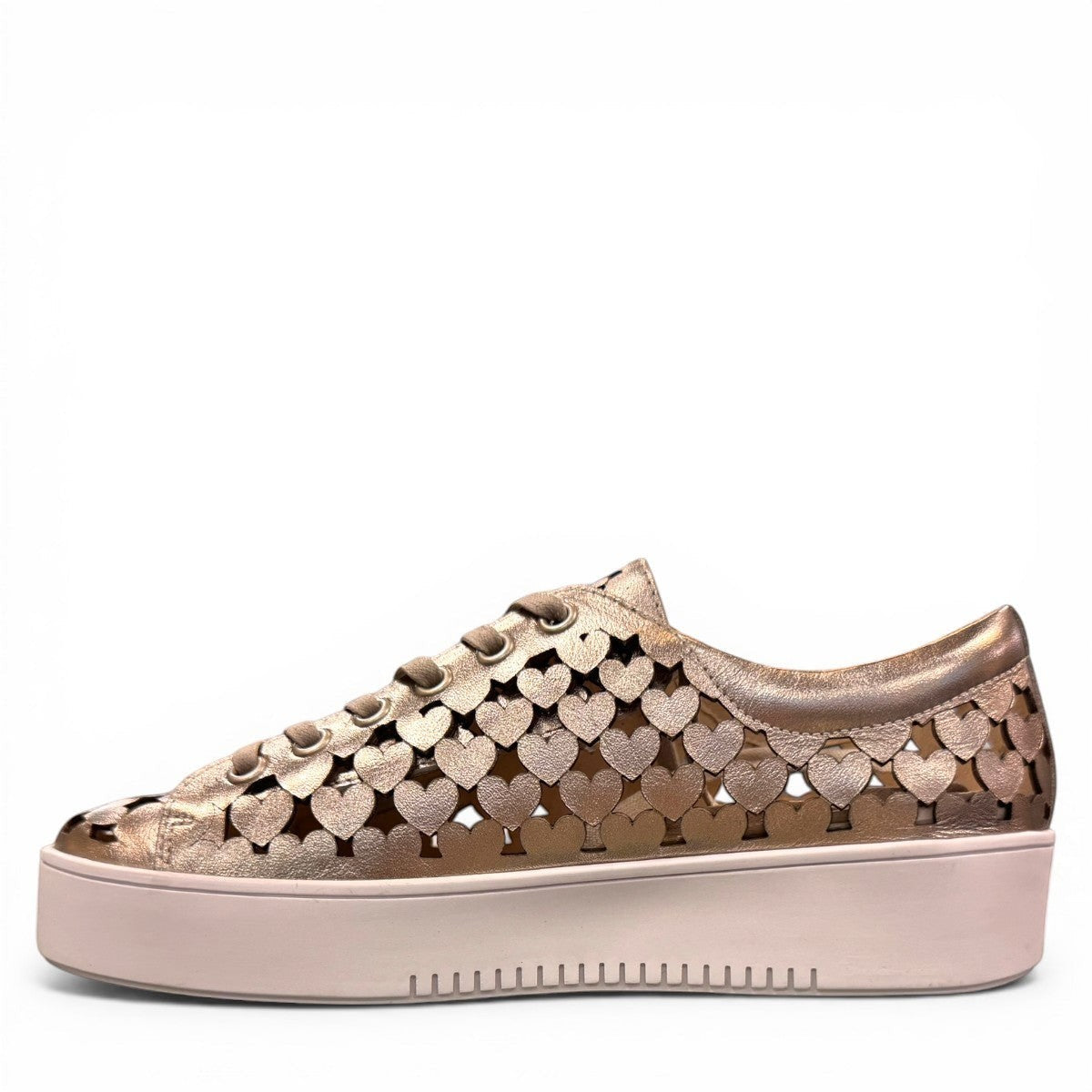 Django & Juliette Leithah metallic gold leather sneakers with heart-shaped cutouts and side zippers. left view.