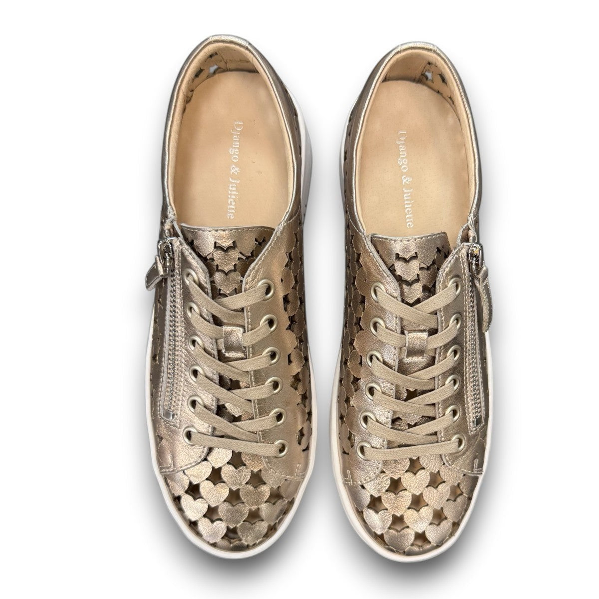 Django & Juliette Leithah metallic gold leather sneakers with heart-shaped cutouts and side zippers. top view.