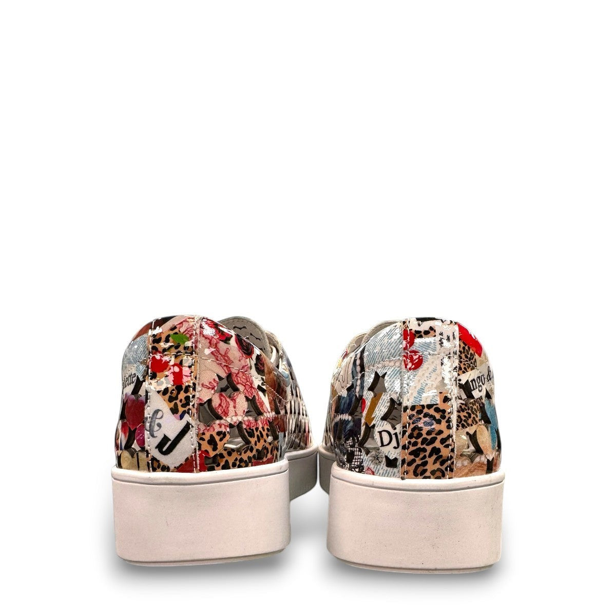 Django & Juliette Leithah leather sneakers featuring a colorful collage print and white platform sole. back view.