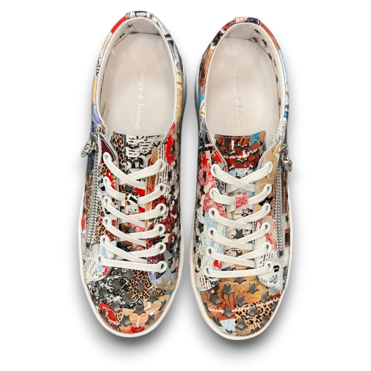 Django & Juliette Leithah leather sneakers featuring a colorful collage print and white platform sole. top view.
