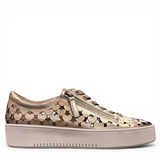 Django & Juliette Leithah metallic gold leather sneakers with heart cutouts and white platform sole.  right view.