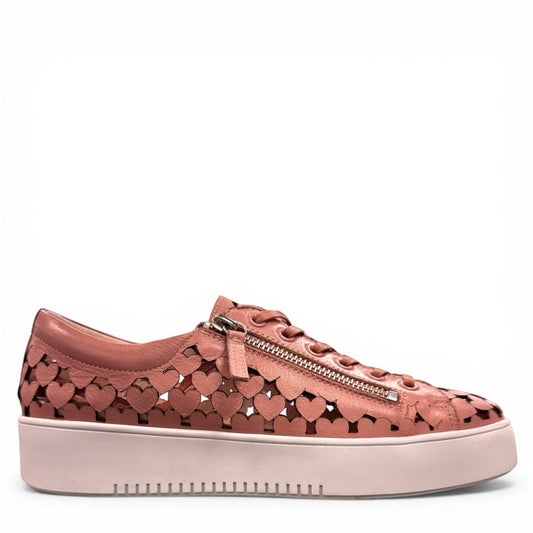 Django & Juliette Leithah sneaker in dark rose tumble leather with heart cutouts and white platform sole. right view.