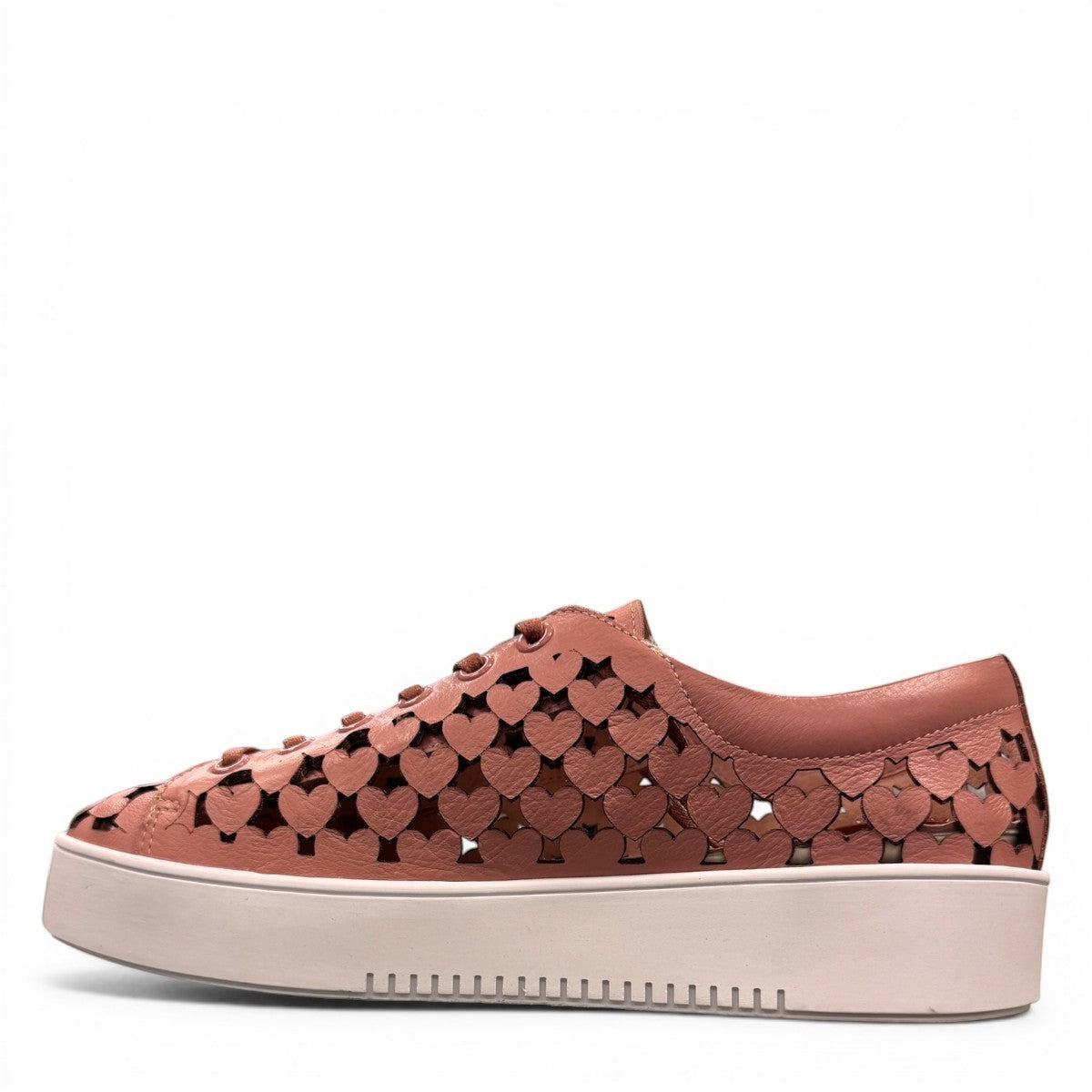 Django & Juliette Leithah sneaker in dark rose tumble leather with heart cutouts and white platform sole.