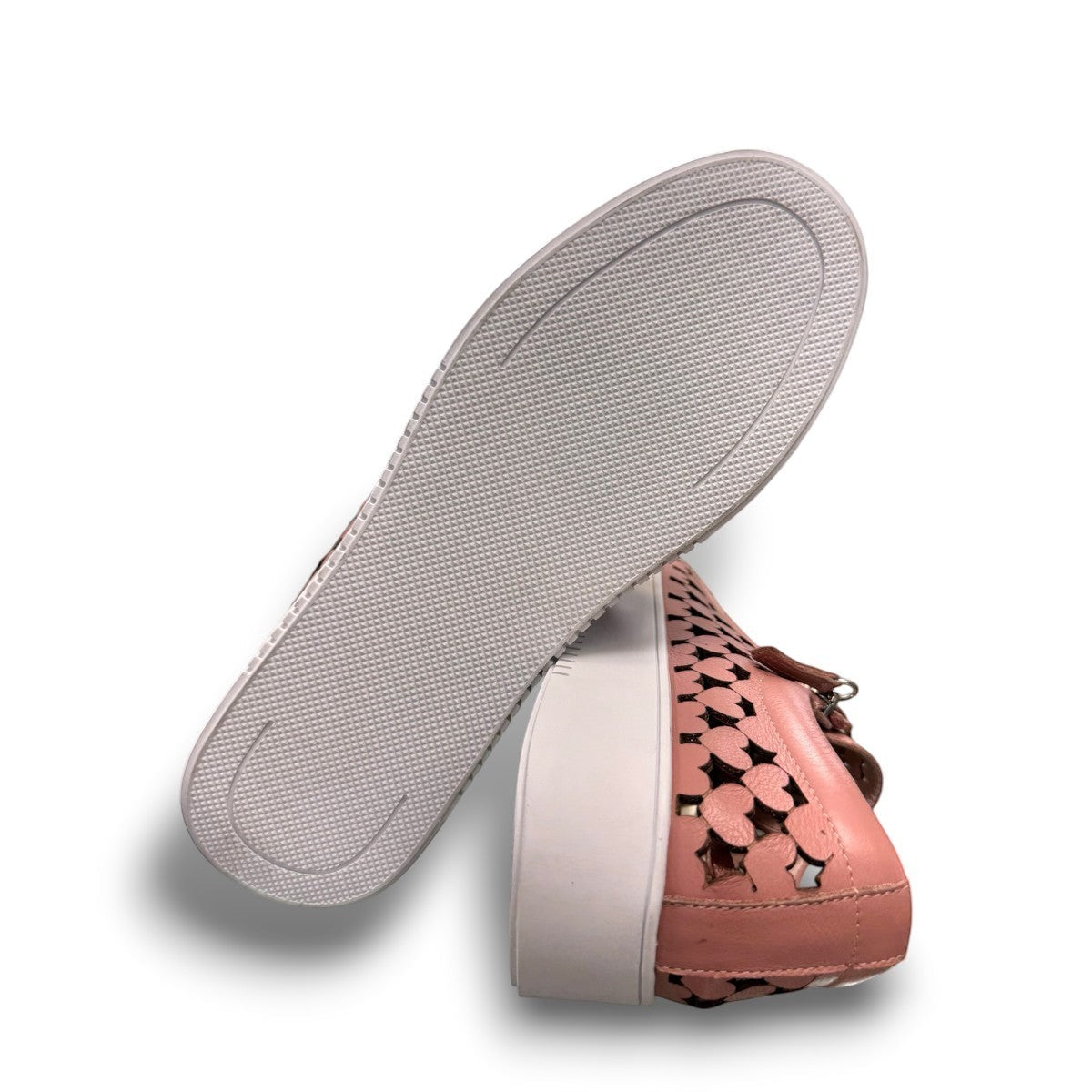 Django & Juliette Leithah sneaker in dark rose tumble leather with heart cutouts and white platform sole.