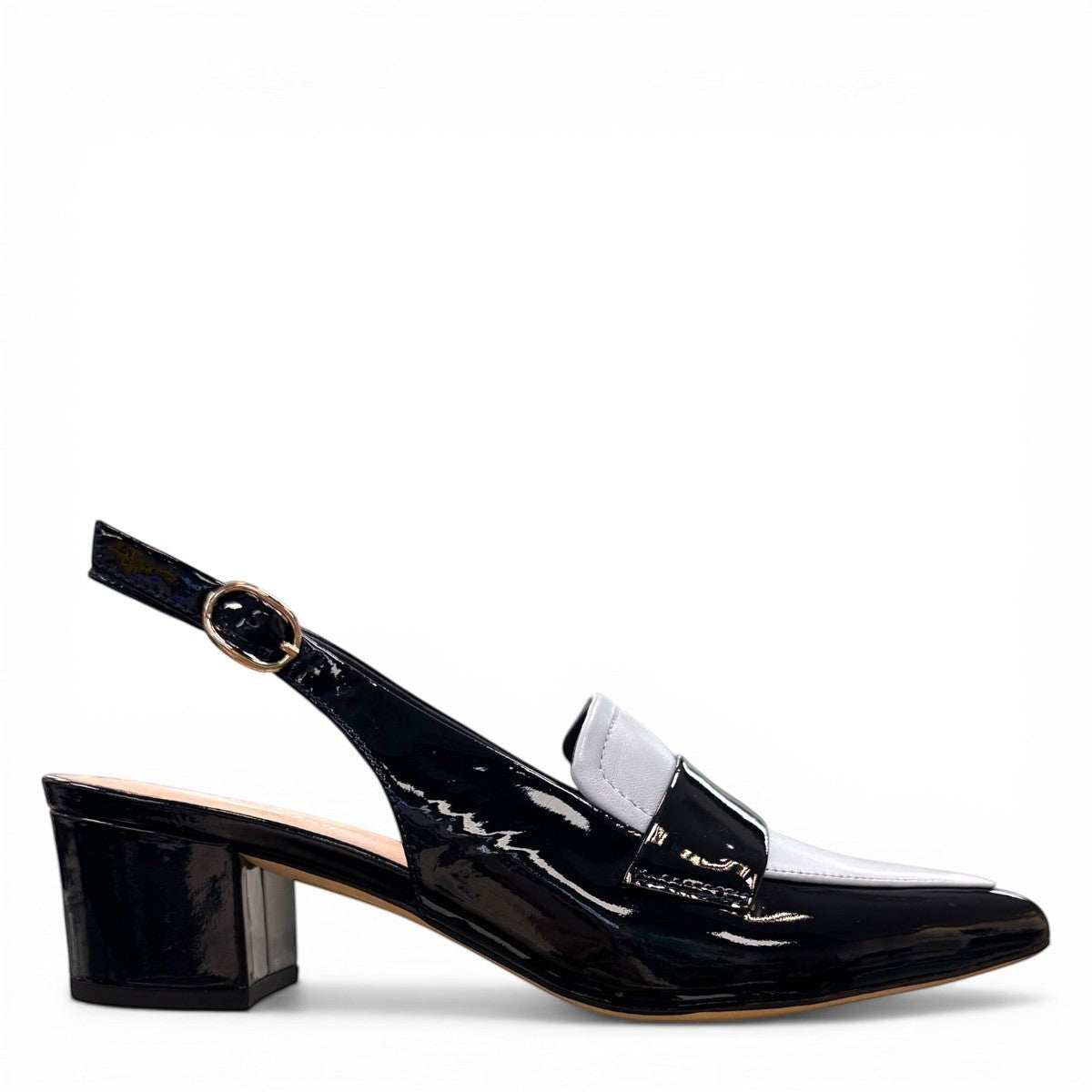 Django & Juliette navy patent leather slingback loafers with a 2-inch block heel and adjustable strap. 
right view.