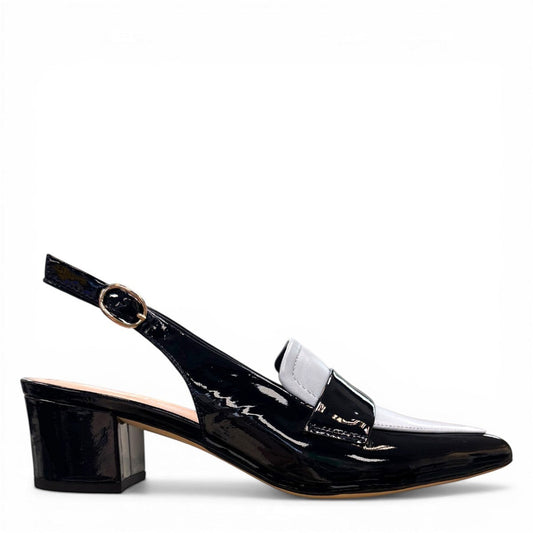 Django & Juliette navy patent leather slingback loafers with a 2-inch block heel and adjustable strap. 
right view.