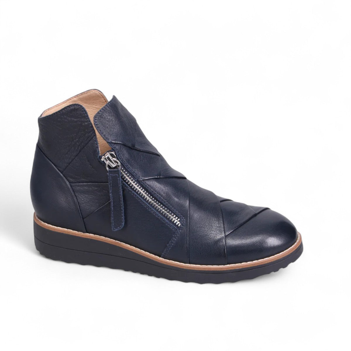 DJANGO & JULIETTE Omeah navy leather high-top ankle boots with twin-zip and wedge sneaker sole. Photo of side view.