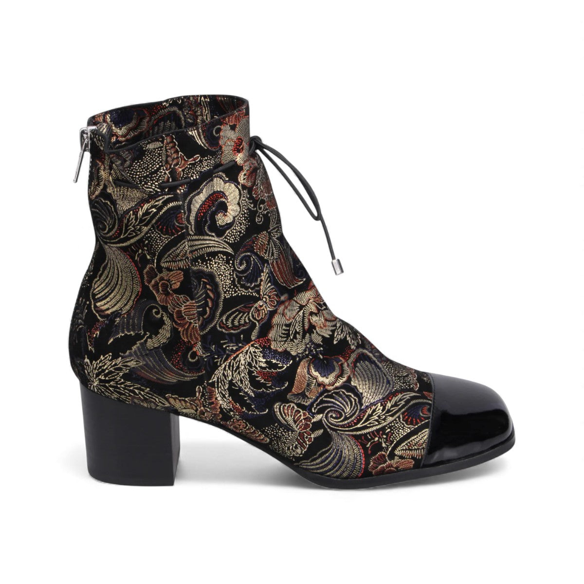 Django & Juliette Valina ankle boots in black floral brocade with a patent square toe and block heel. right view.