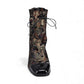 Django & Juliette Valina ankle boots in black floral brocade with a patent square toe and block heel. front view.