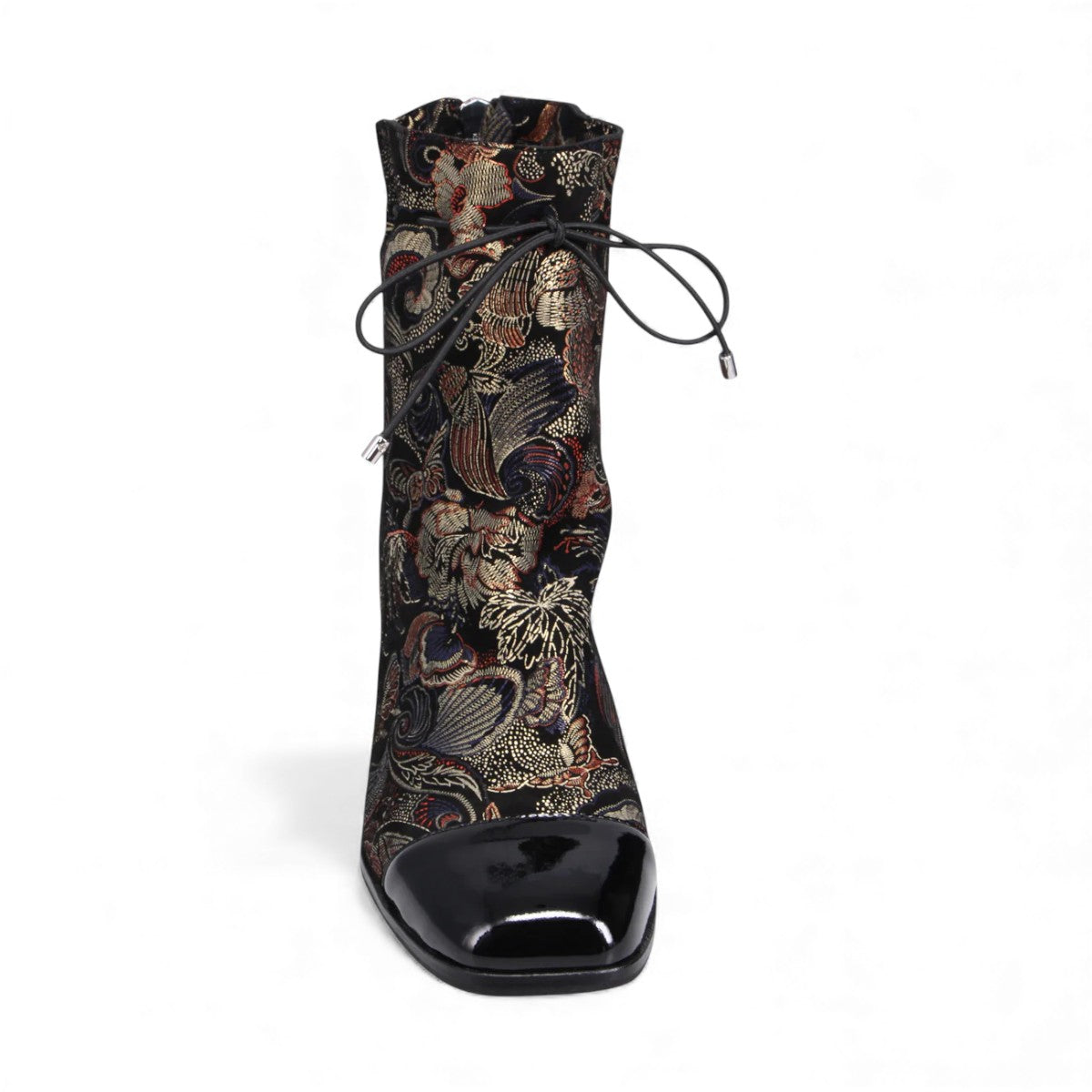 Django & Juliette Valina ankle boots in black floral brocade with a patent square toe and block heel. front view.