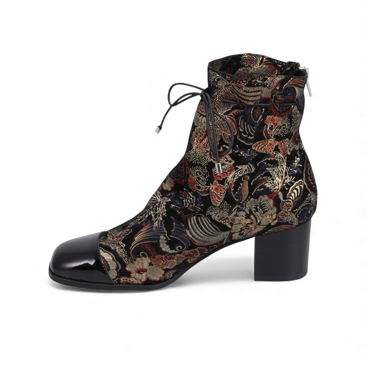 Django & Juliette Valina ankle boots in black floral brocade with a patent square toe and block heel. left side