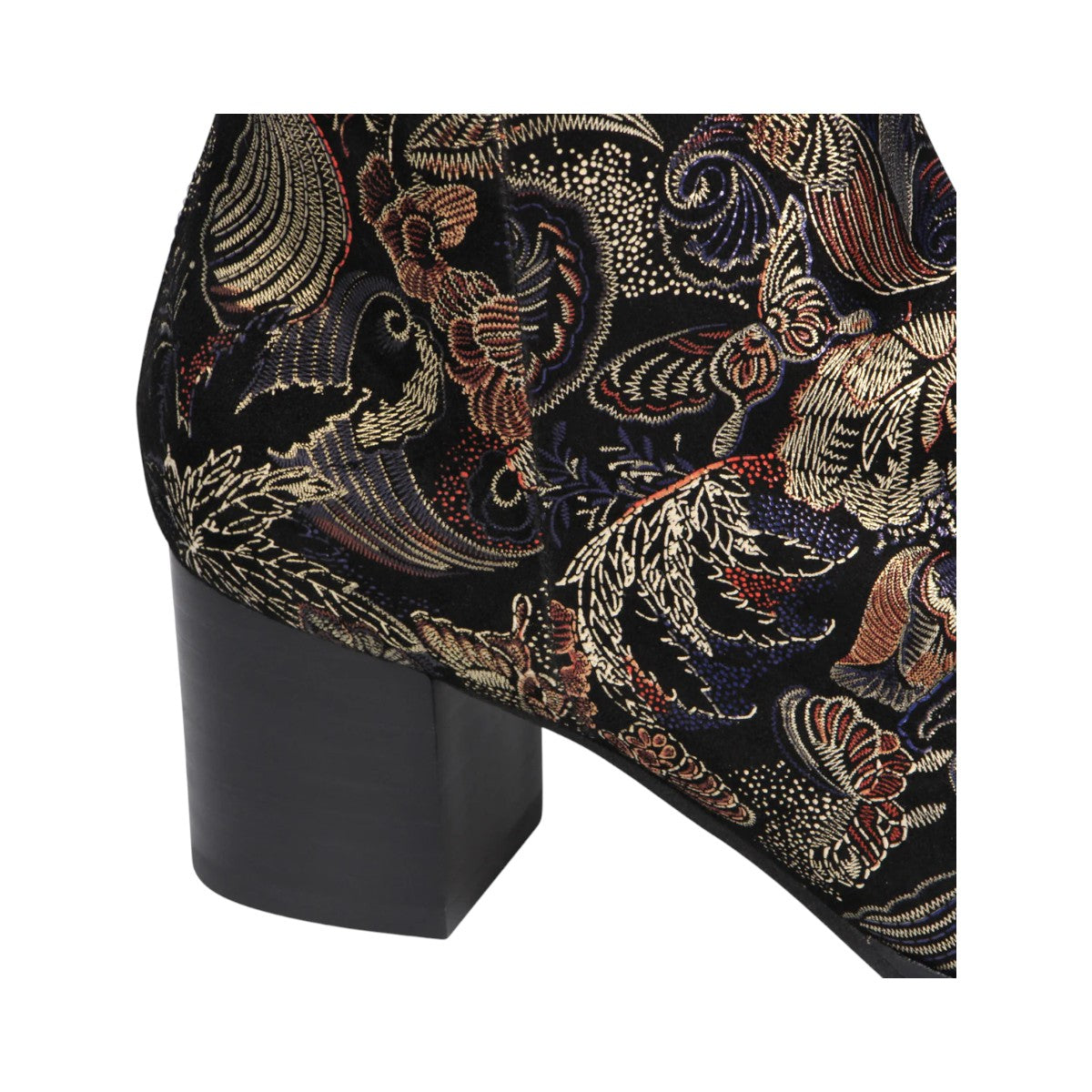Django & Juliette Valina ankle boots in black floral brocade with a patent square toe and block heel. back view.