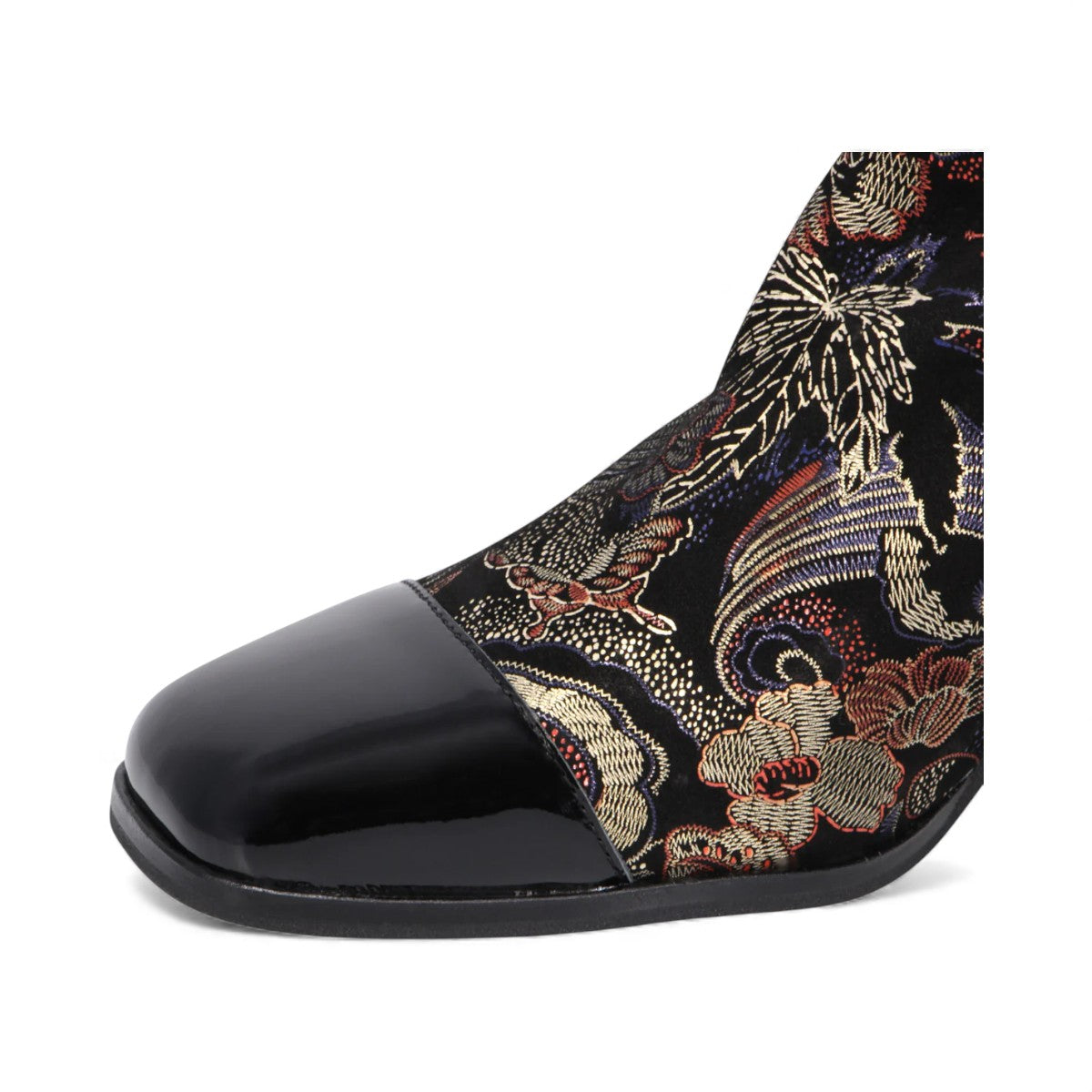 Django & Juliette Valina ankle boots in black floral brocade with a patent square toe and block heel. front view.