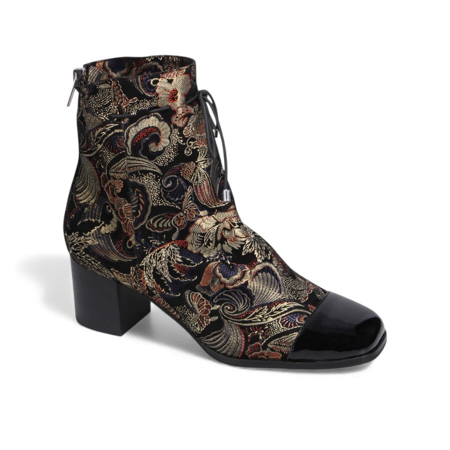 Django & Juliette Valina ankle boots in black floral brocade with a patent square toe and block heel. right view.