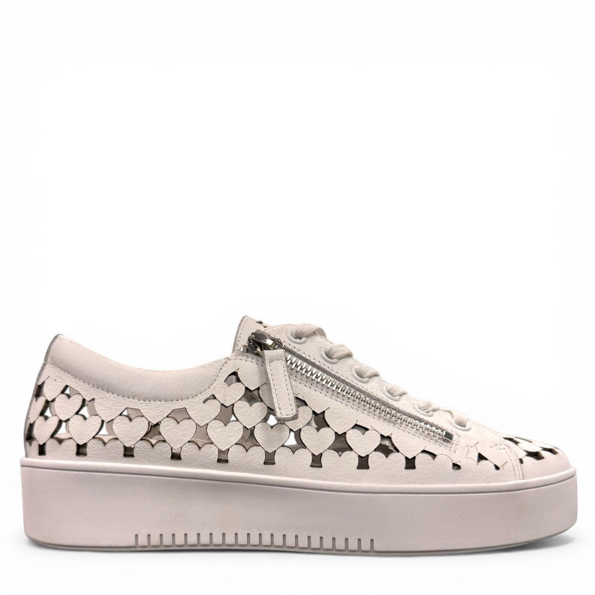 Django & Juliette white leather platform sneakers with heart-shaped laser cutouts and side zipper. right view.
