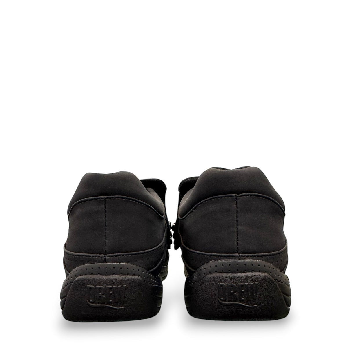 Drew Bouquet black nubuck monk strap shoe showing the slip-resistant polyurethane outsole and heel detail. orthopedic shoe