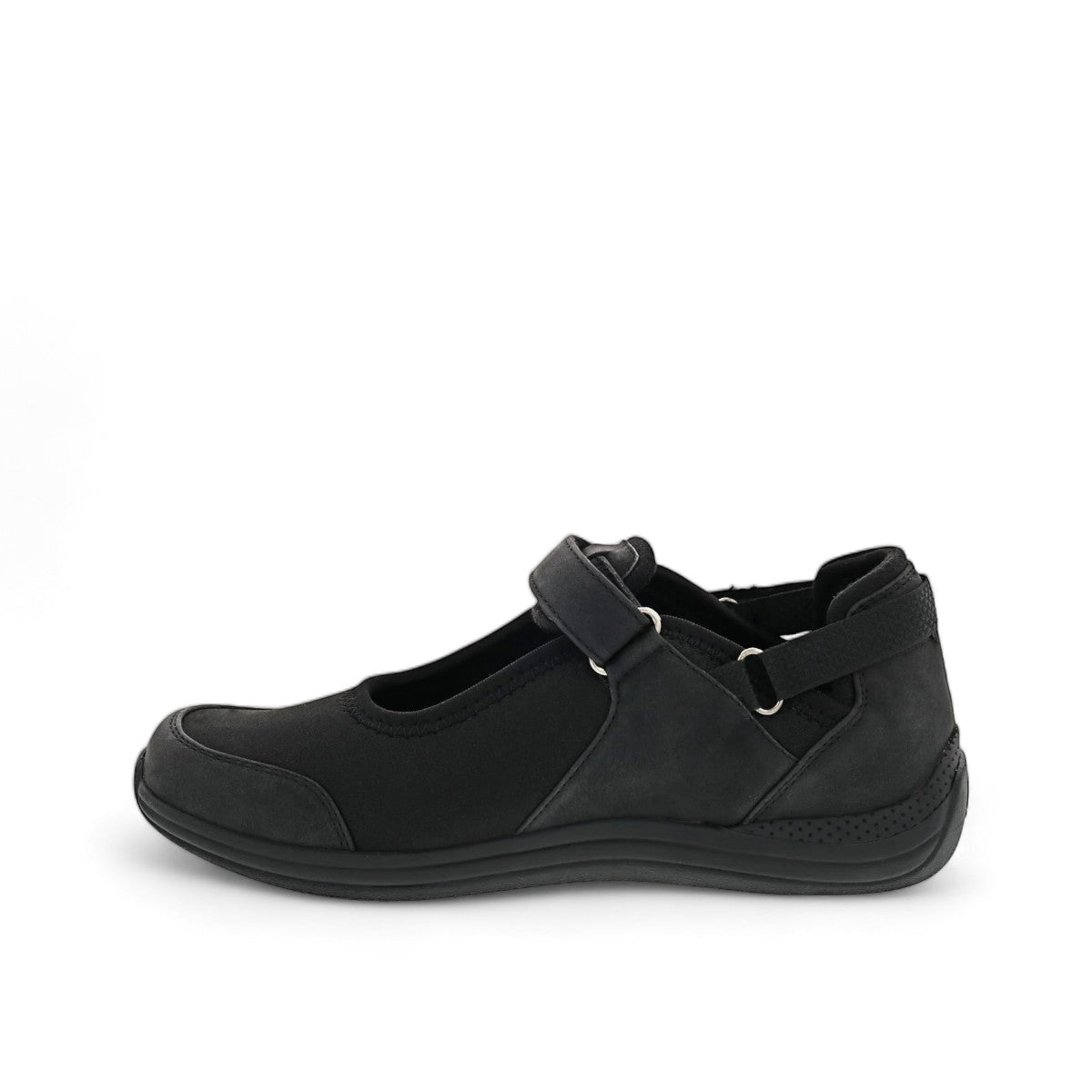 Drew Buttercup black stretch orthopedic shoe showing the slip-resistant textured rubber outsole