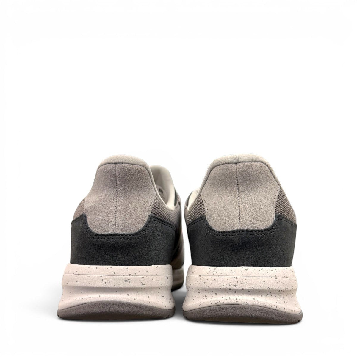 Drew Connor grey combo suede casual shoe showing the slip-resistant rubber outsole and rocker bottom.
