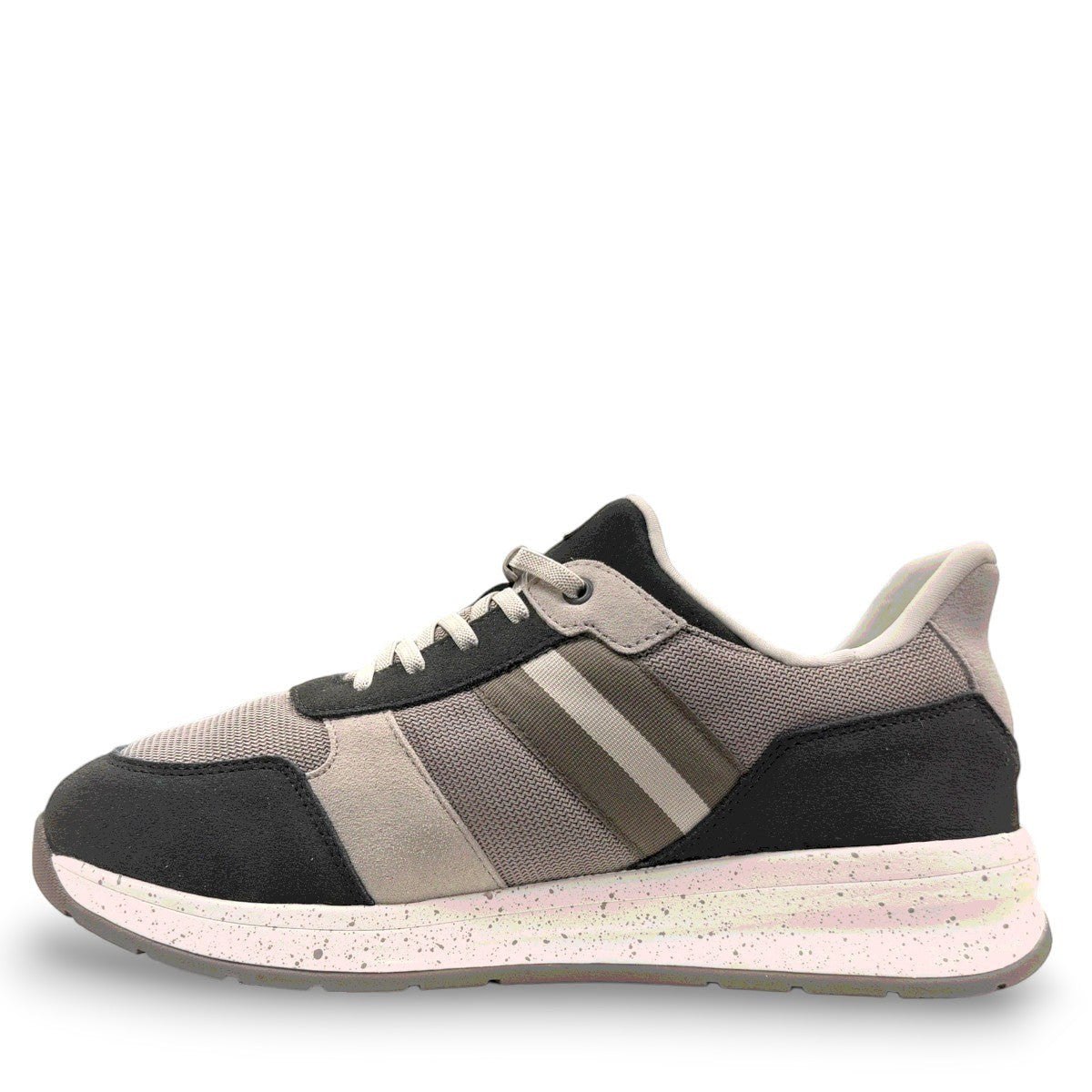 Drew Connor grey combo suede casual shoe showing the slip-resistant rubber outsole and rocker bottom.