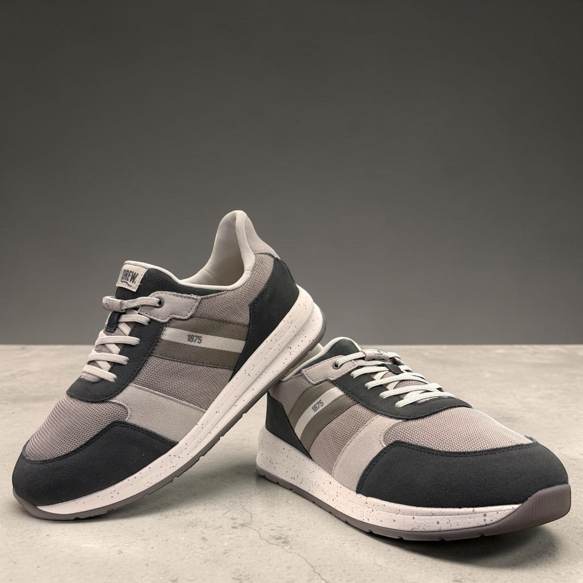 Drew Connor grey combo suede casual shoe showing the slip-resistant rubber outsole and rocker bottom.