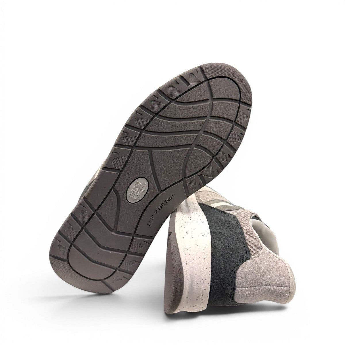 Drew Connor grey combo suede casual shoe showing the slip-resistant rubber outsole and rocker bottom.