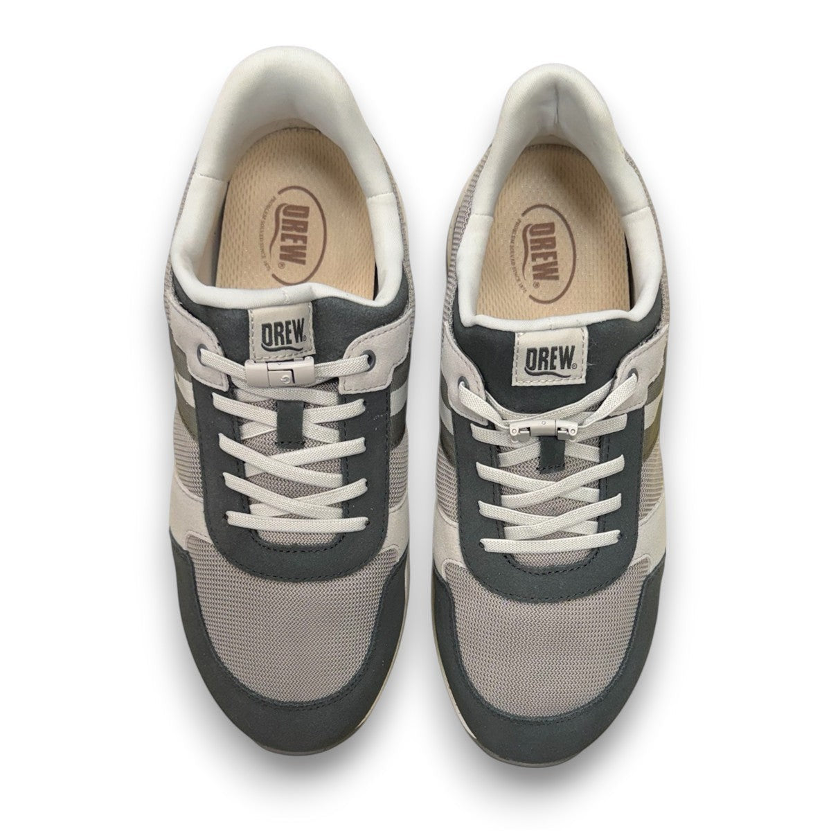 Drew Connor grey combo suede casual shoe showing the slip-resistant rubber outsole and rocker bottom.