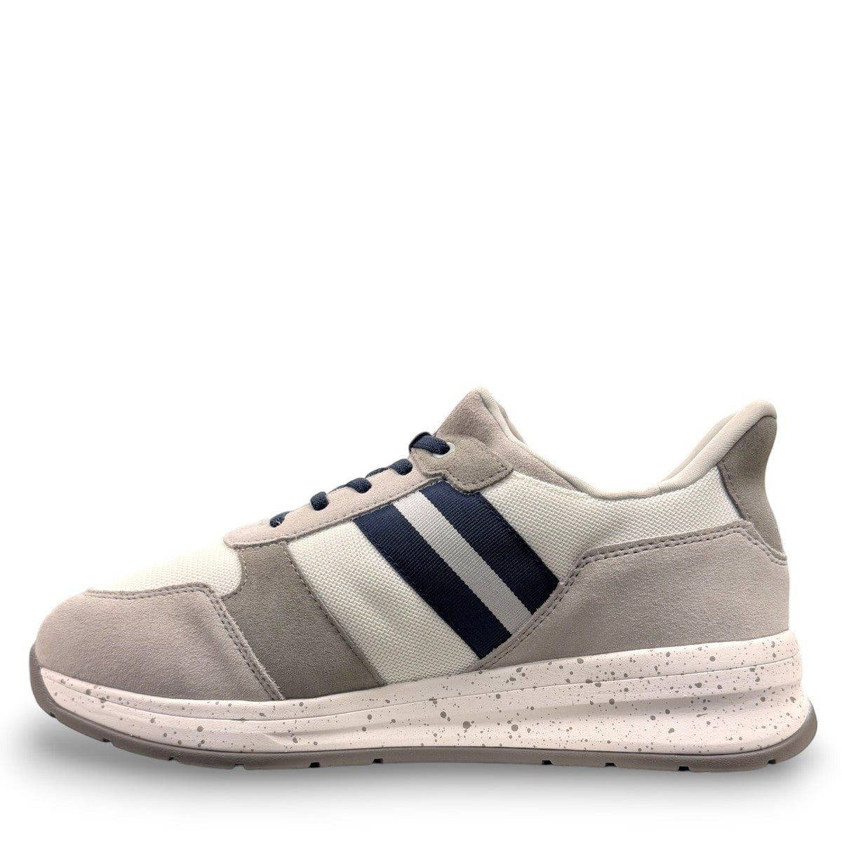 Drew Connor white combo suede casual shoe showing the slip-resistant rubber outsole and rocker bottom.