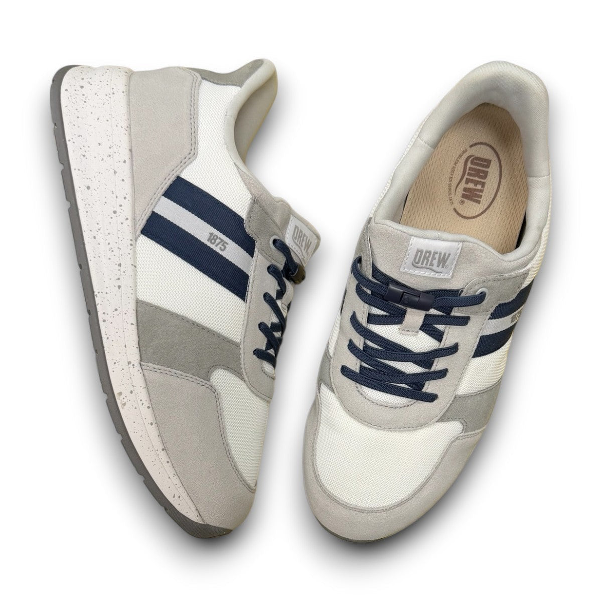 Drew Connor white combo suede casual shoe showing the slip-resistant rubber outsole and rocker bottom.