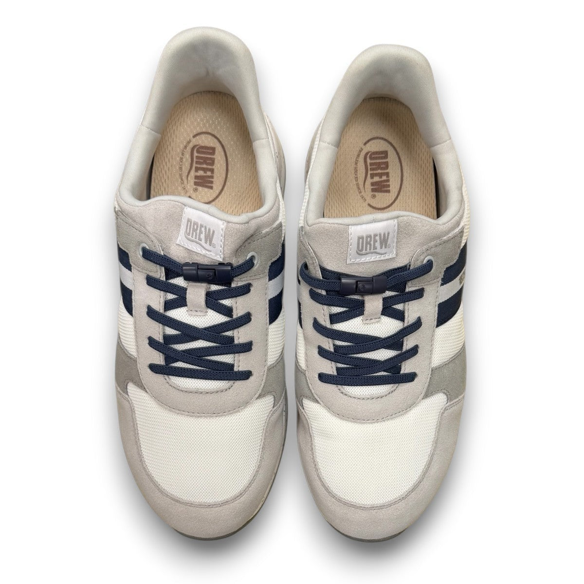 Drew Connor white combo suede casual shoe showing the slip-resistant rubber outsole and rocker bottom.