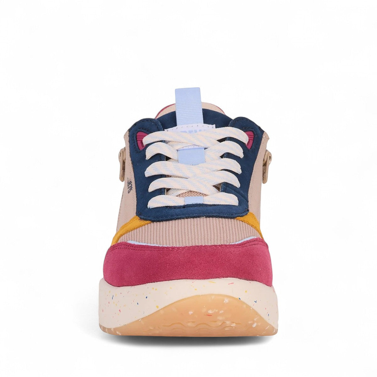 Drew Happy multicolor orthopedic sneaker, rear view showing padded heel, side zippers, and speckled sole.